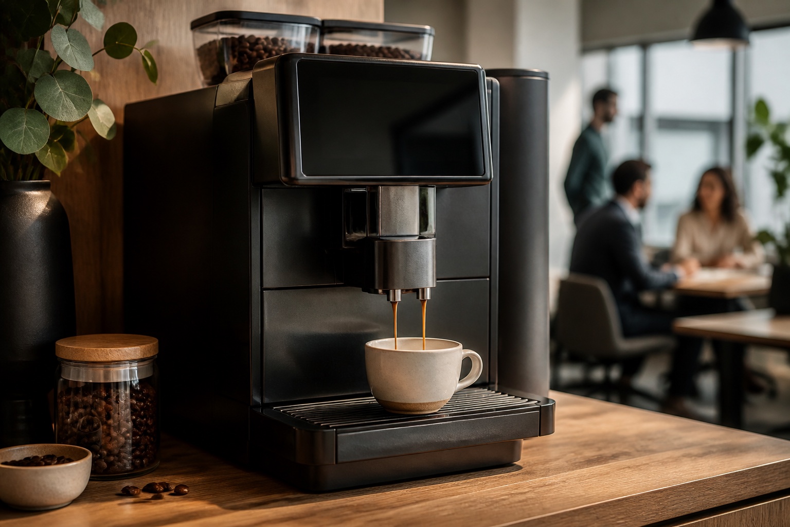 Máquina automática preparando un espresso en una estación de café de oficina