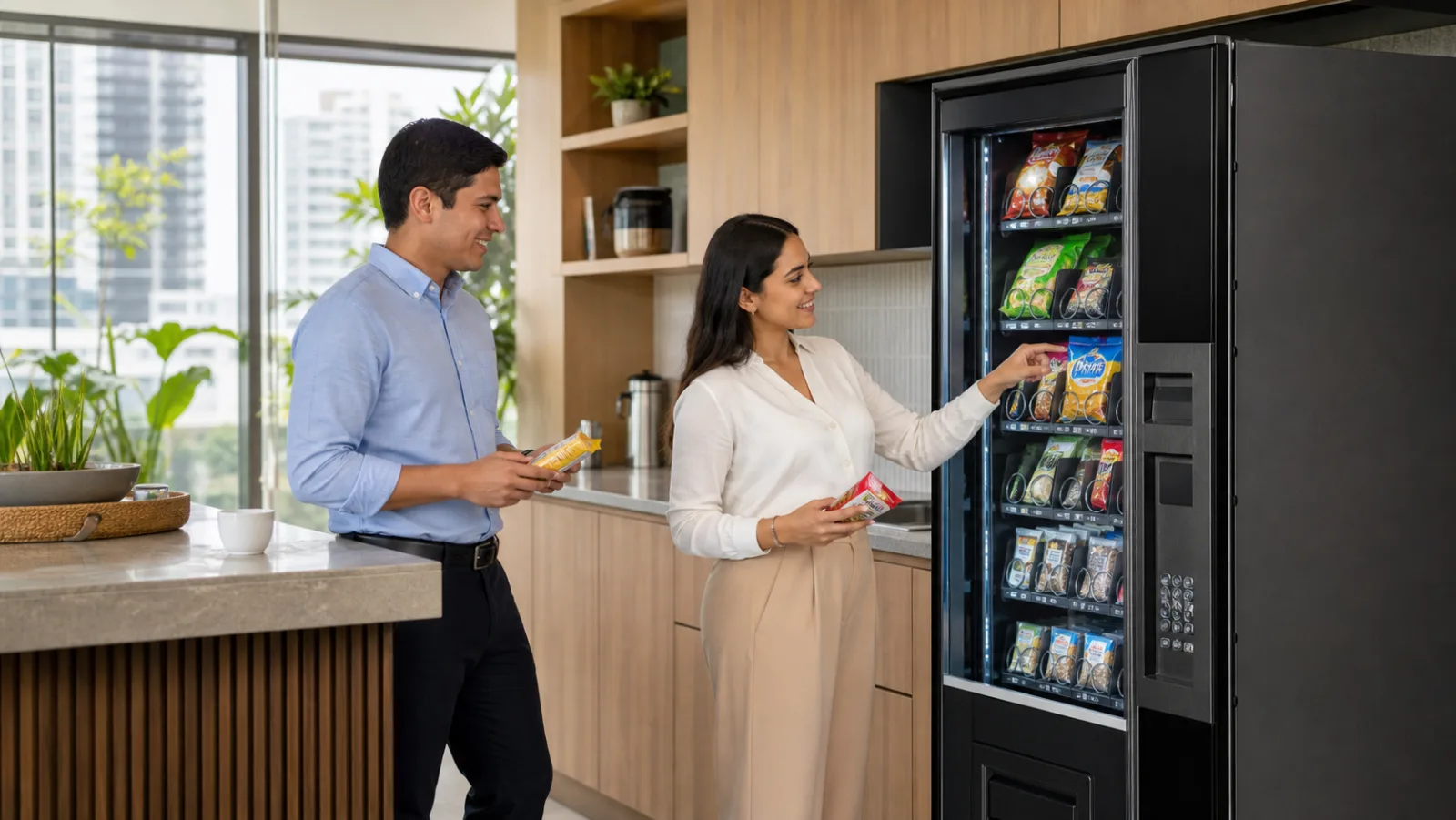 Dos colaboradores eligiendo productos en una máquina de snacks dentro de una cocina de oficina