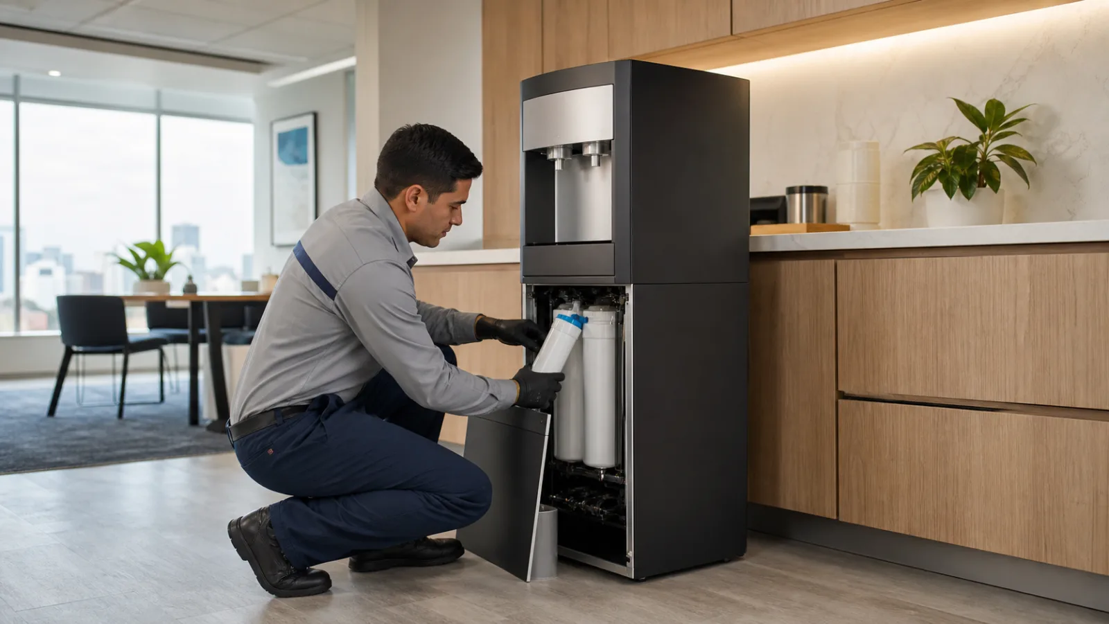 Técnico realizando mantenimiento de filtros a un dispensador de agua en una oficina