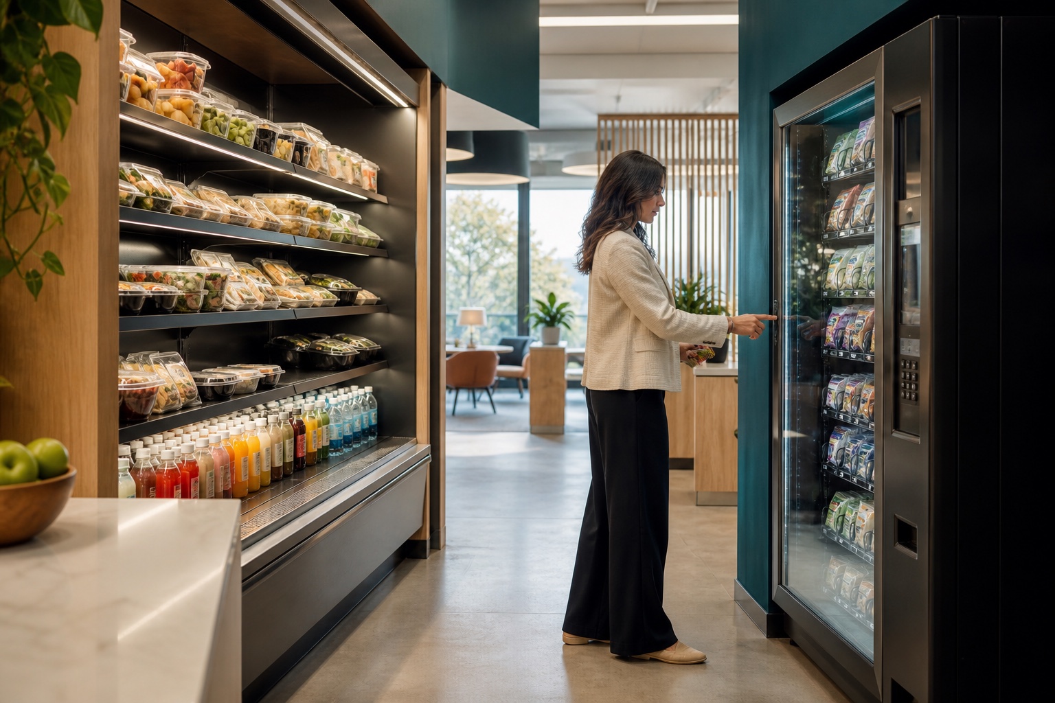 Colaboradora eligiendo entre un micromercado y una máquina expendedora moderna
