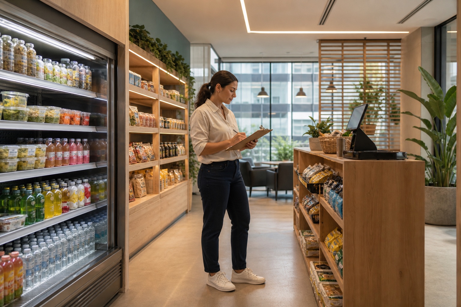 Especialista revisando la distribución de un micromercado de oficina