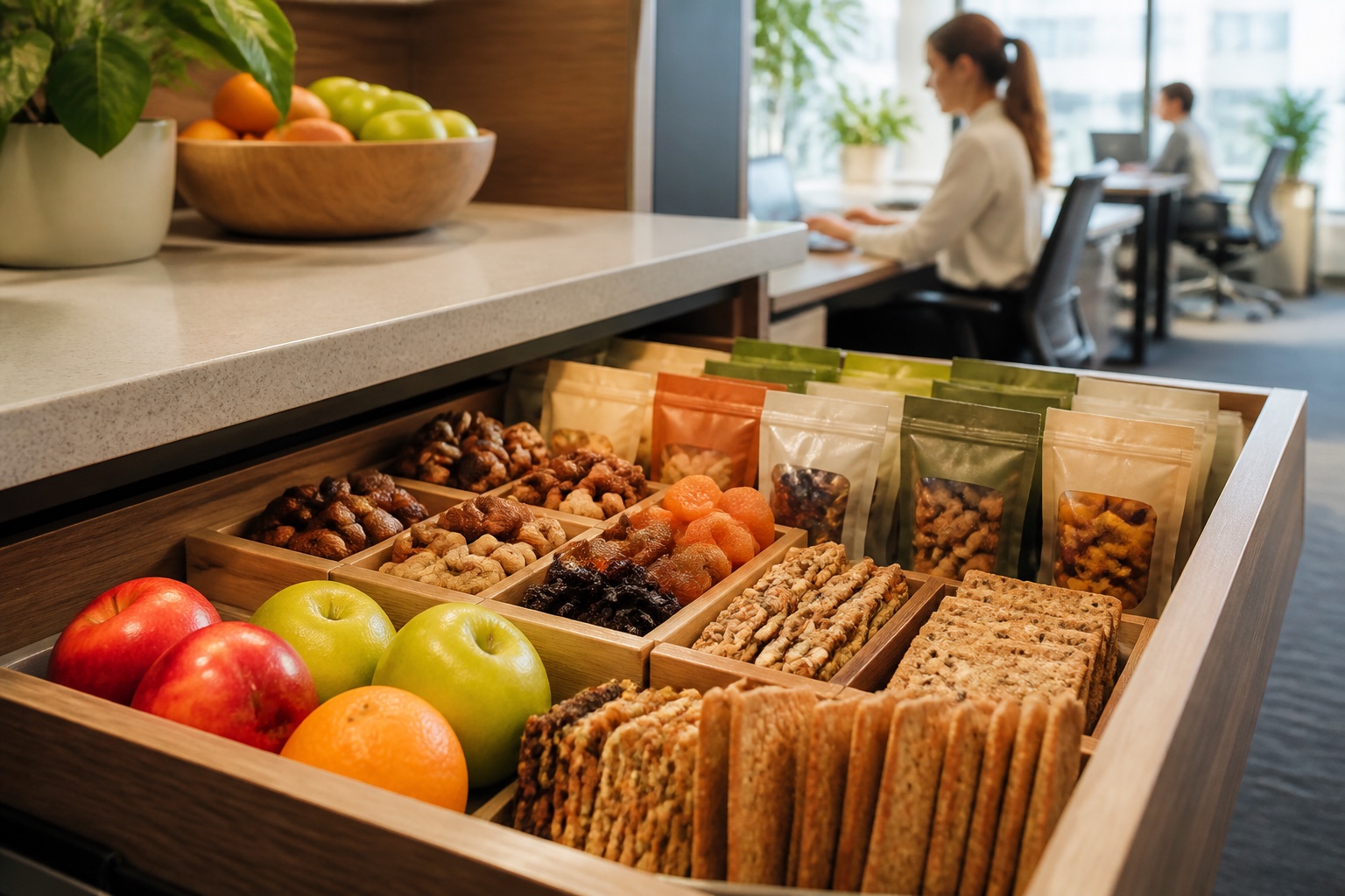 Selección organizada de frutas, nueces y snacks saludables en una oficina