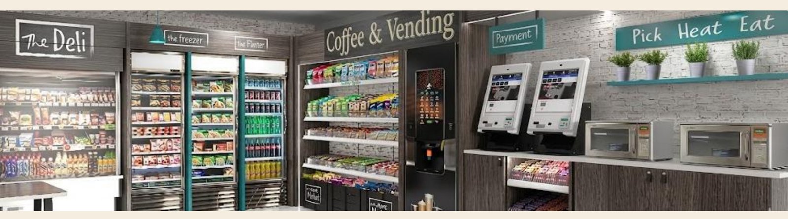 Micromercado de autoservicio con café, snacks, bebidas y estación de autopago en una oficina