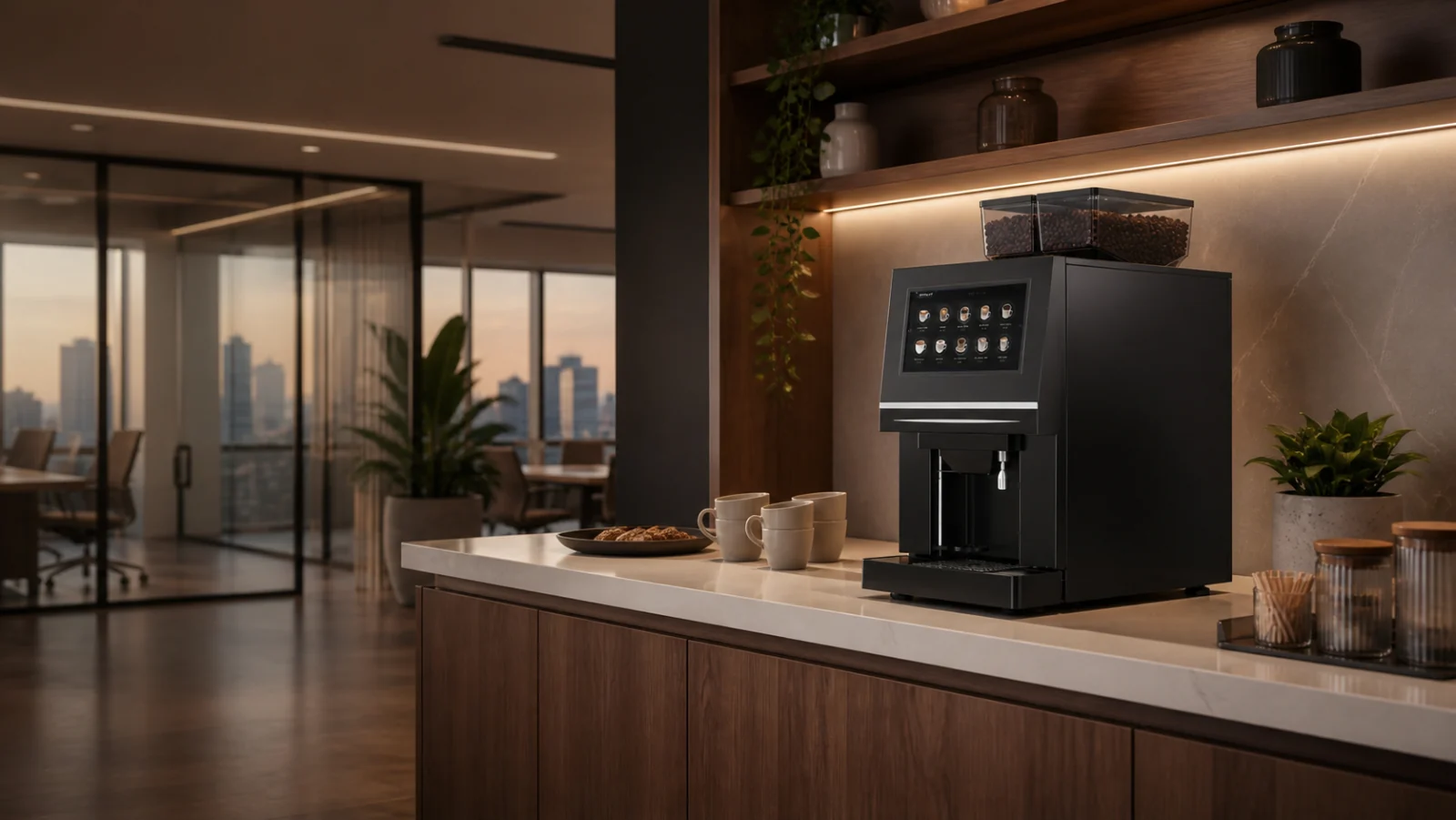 Estación automática de café integrada en una oficina contemporánea