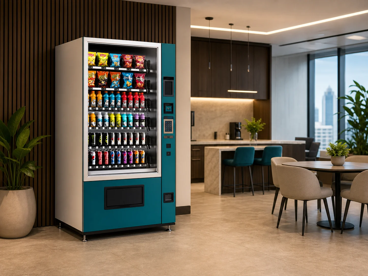 Máquina de snacks y bebidas instalada en un área de descanso de oficina