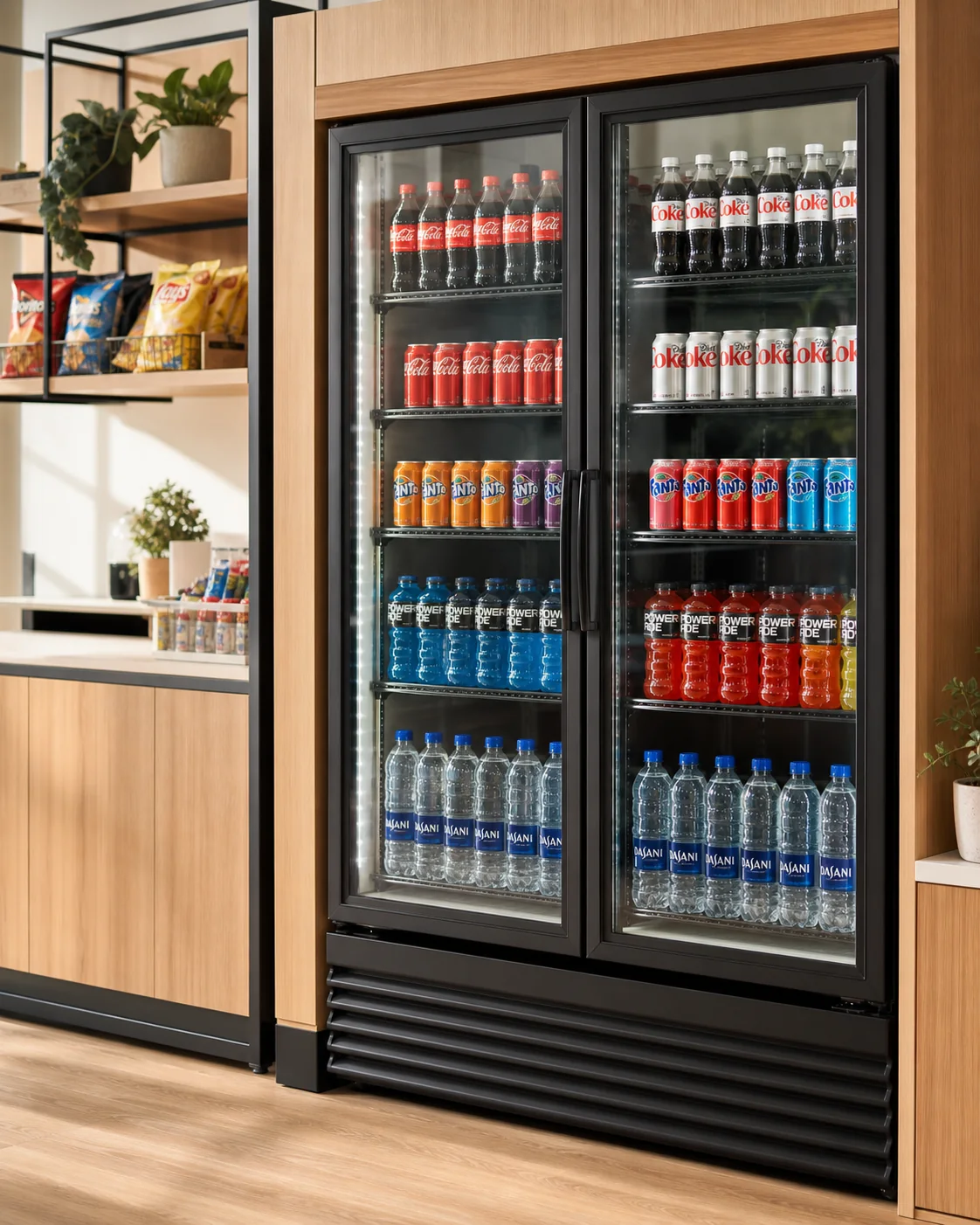 Refrigerador de MicroMarket con bebidas frías y agua