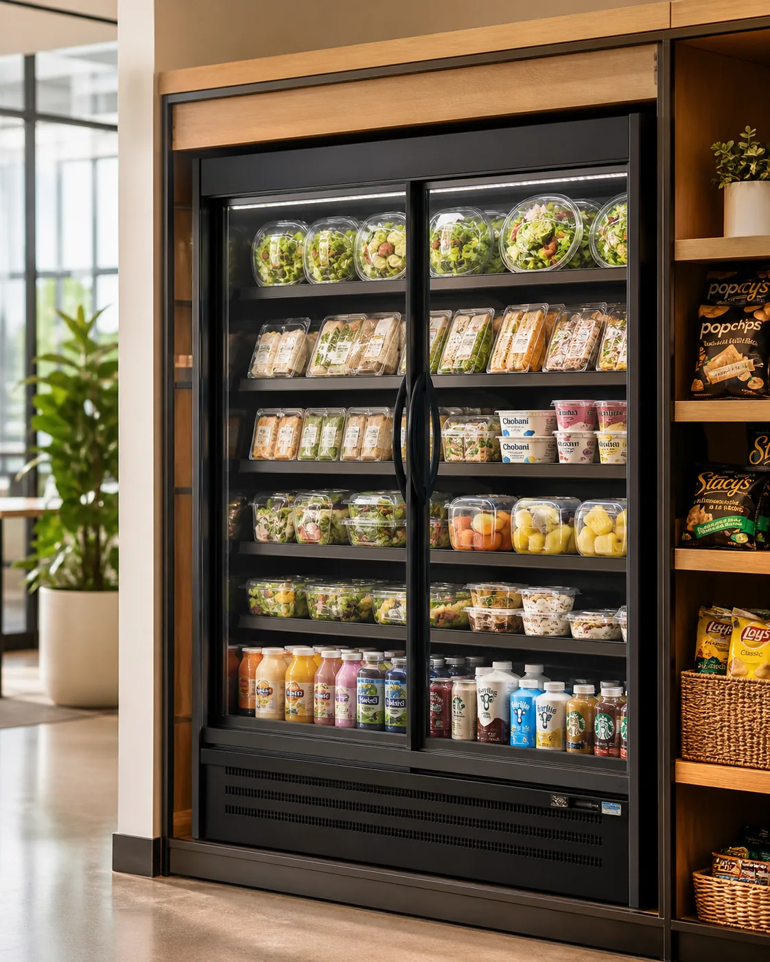 Refrigerador de MicroMarket con ensaladas, sándwiches, frutas y yogures