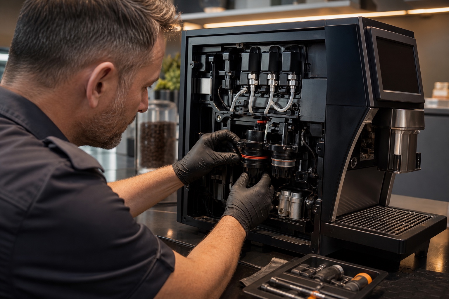 Técnico realizando mantenimiento preventivo a una máquina de café