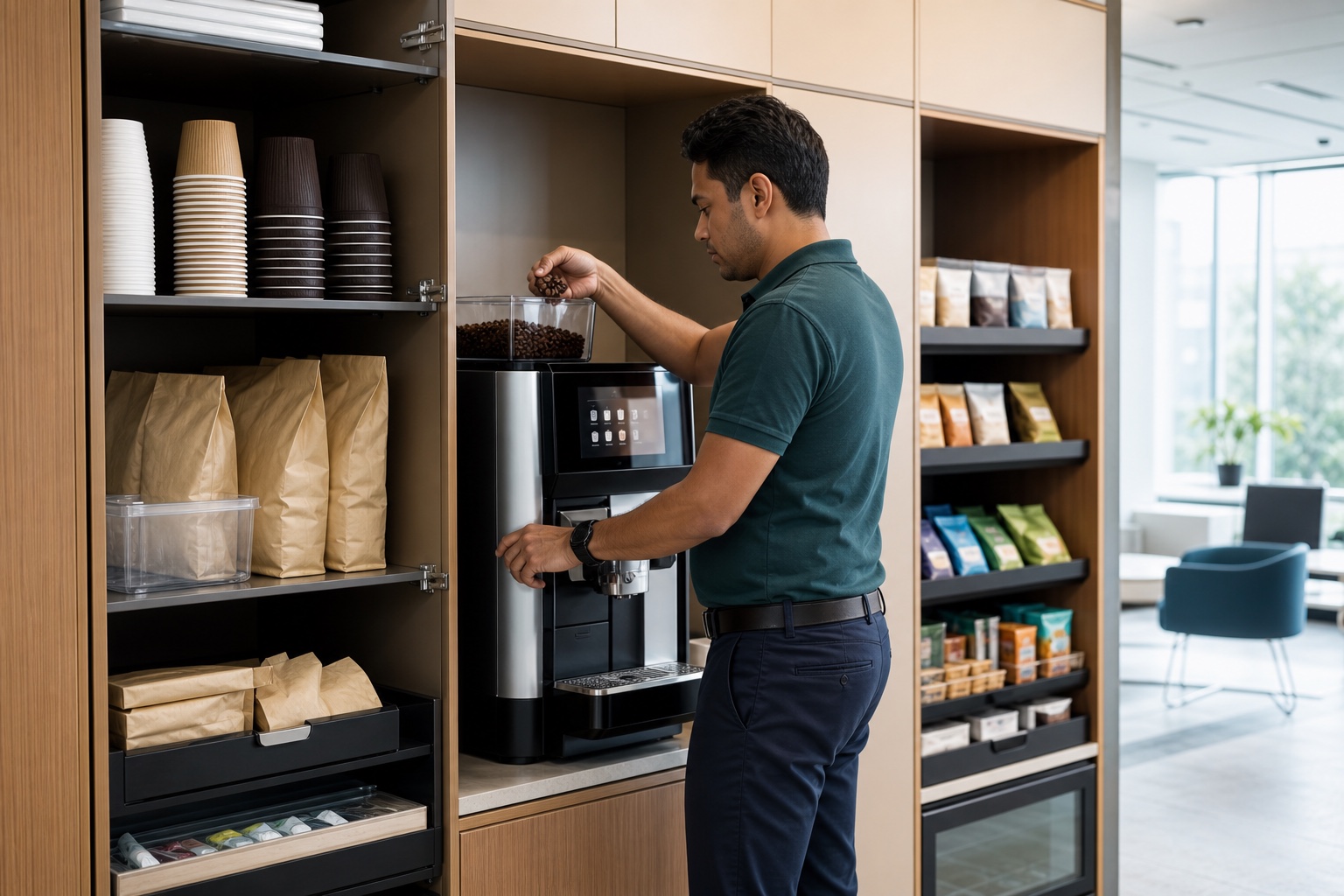 Especialista reabasteciendo café y suministros en una oficina