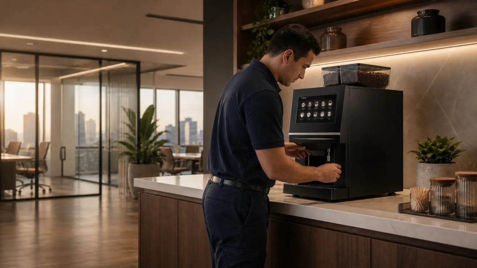 Técnico atendiendo una máquina automática de café en una oficina