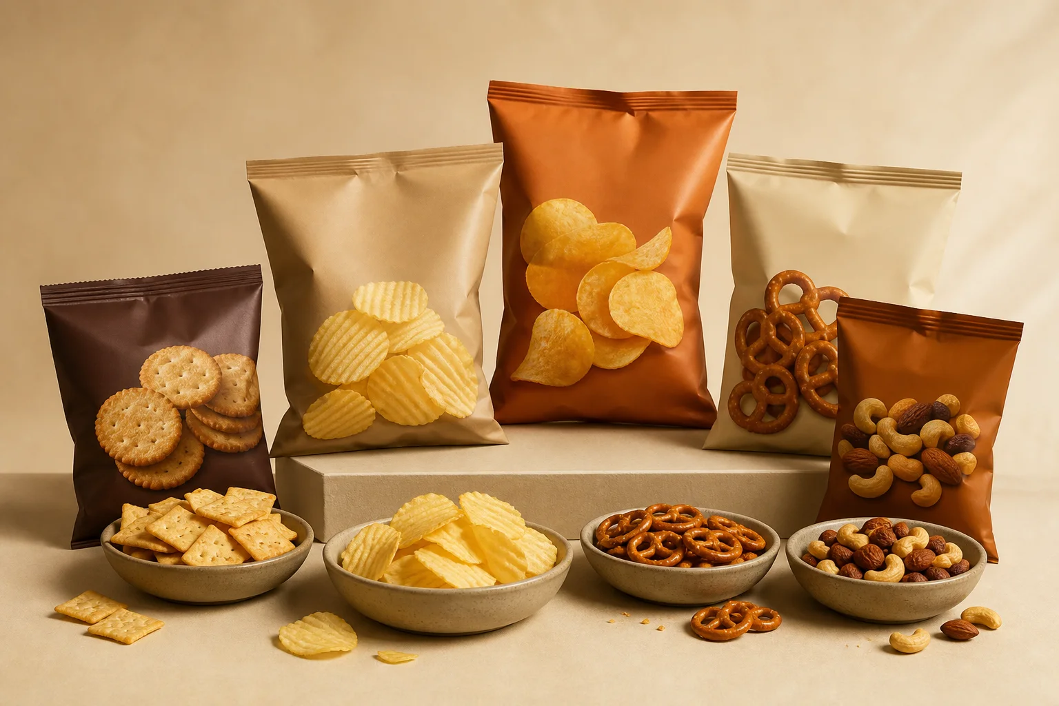 Selección ilustrativa de snacks salados empacados