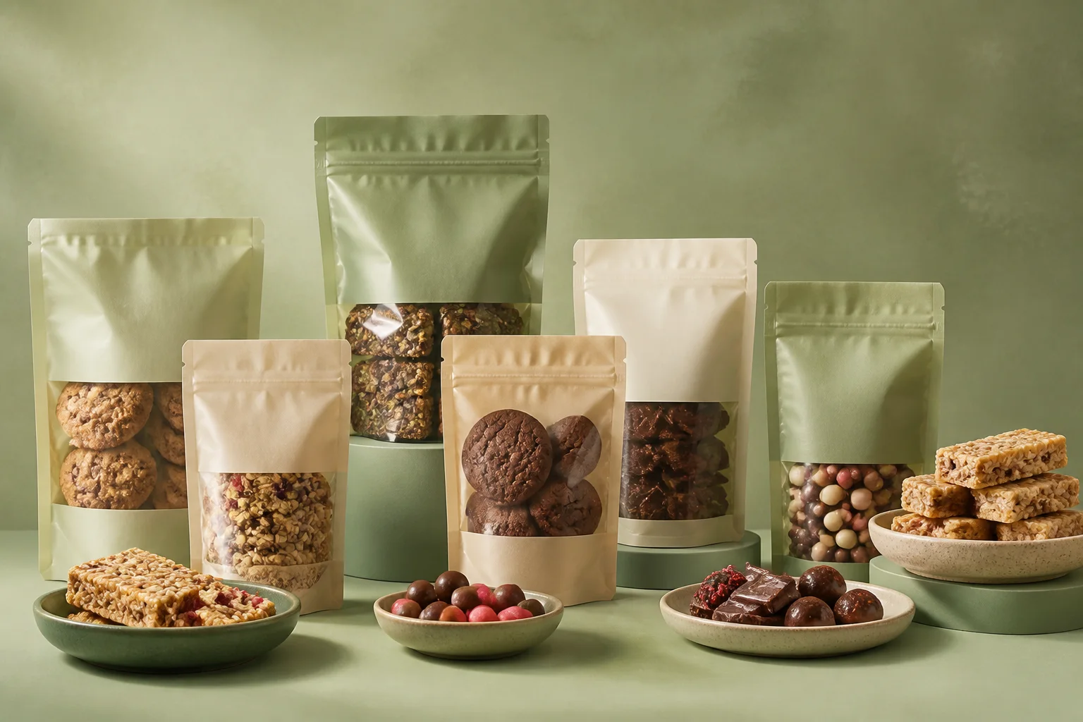 Selección ilustrativa de snacks dulces empacados