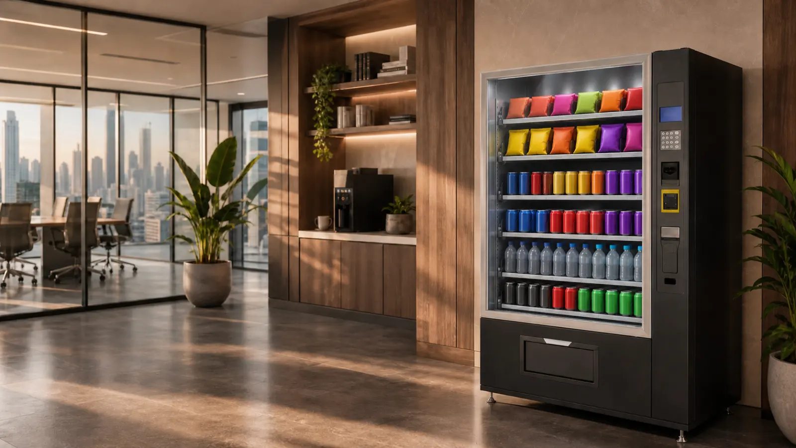 Máquina de snacks y bebidas instalada en una oficina contemporánea
