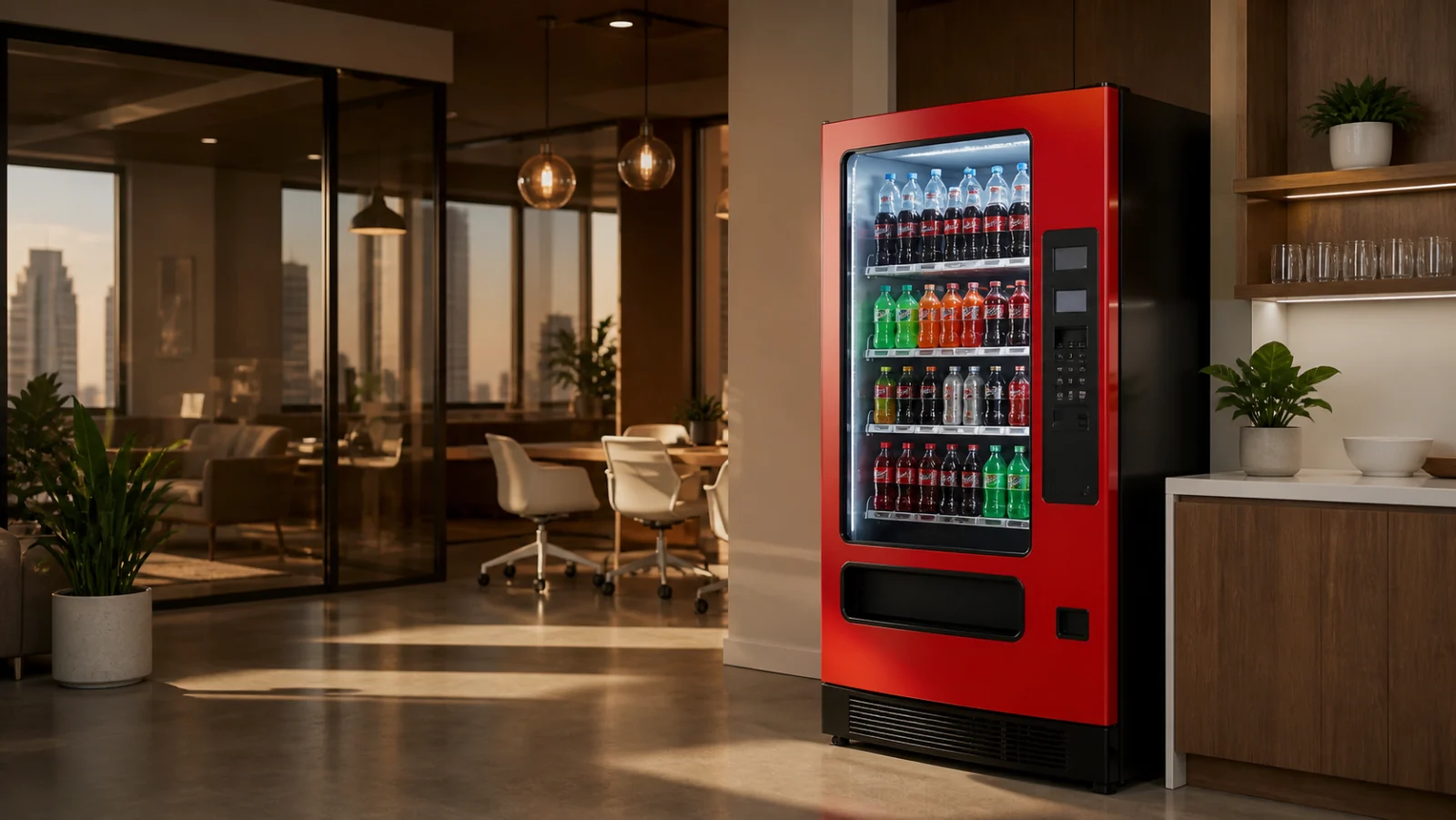 Máquina de soda roja instalada en una oficina contemporánea