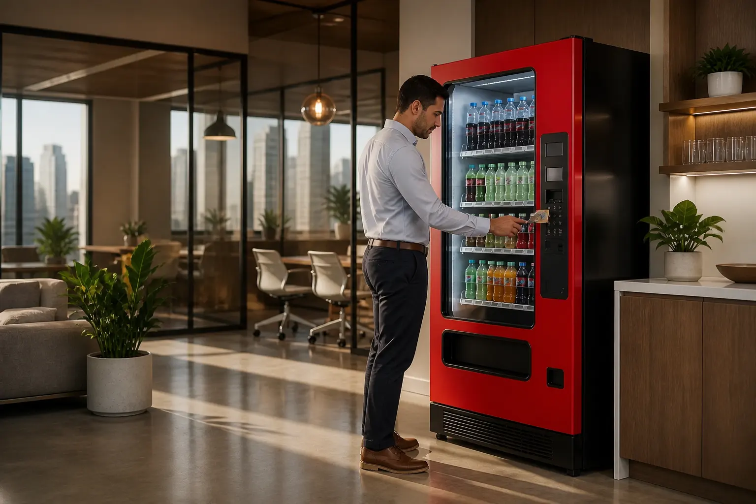 Persona comprando una bebida en una máquina de soda dentro de una oficina