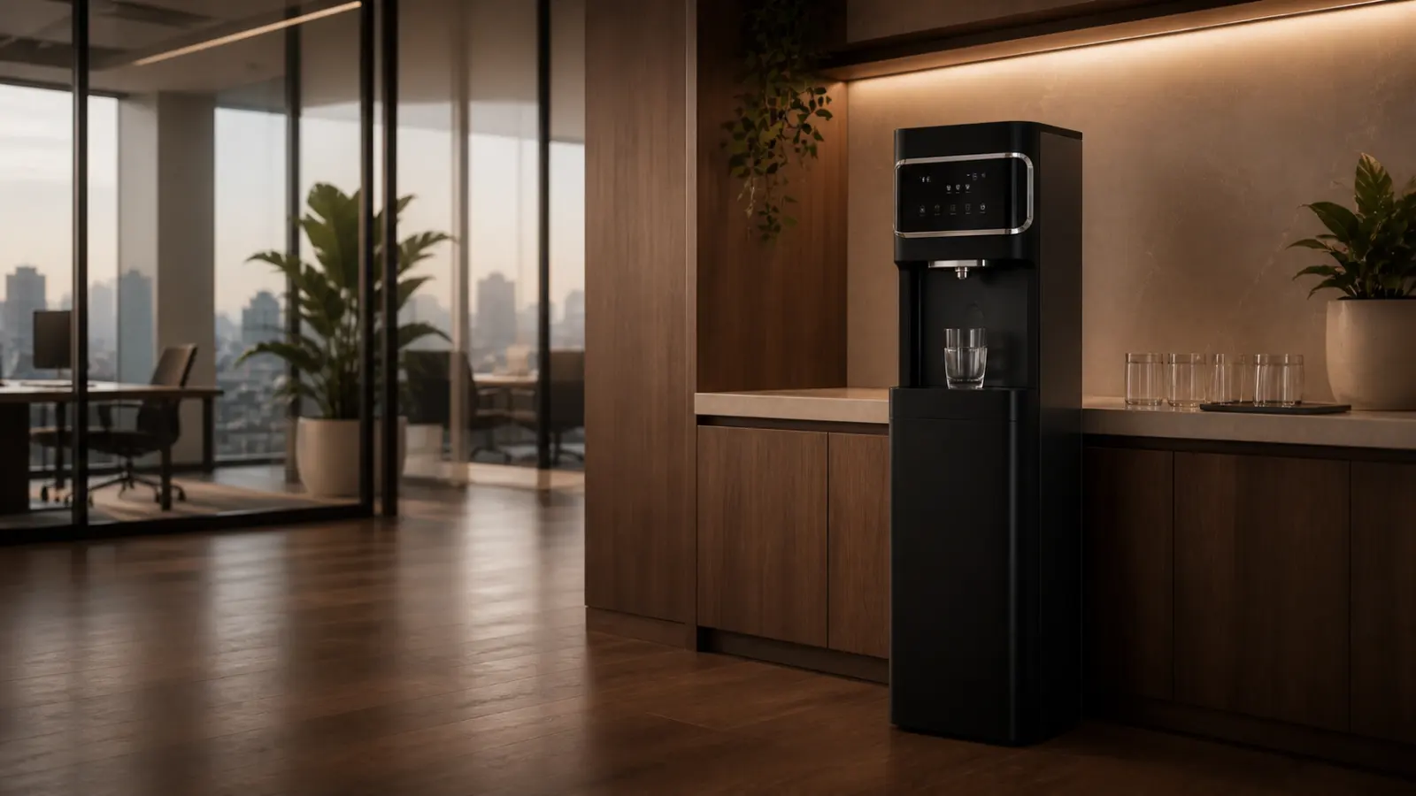 Dispensador de agua de piso instalado en una oficina contemporánea
